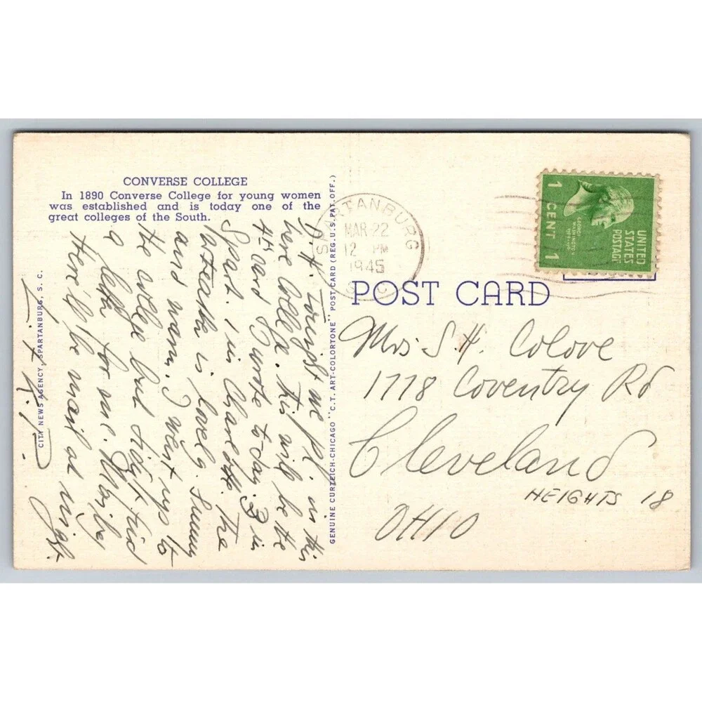 Vintage 1945 Linen Postcard Converse College Main Building Spartanburg SC